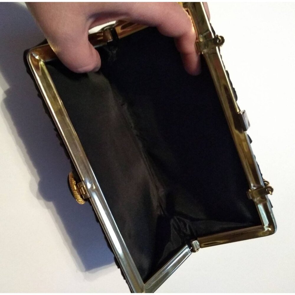 Vintage Black satin clutch handbag purse bag clasp retractable Chain Handle AsIs - Picture 8 of 10